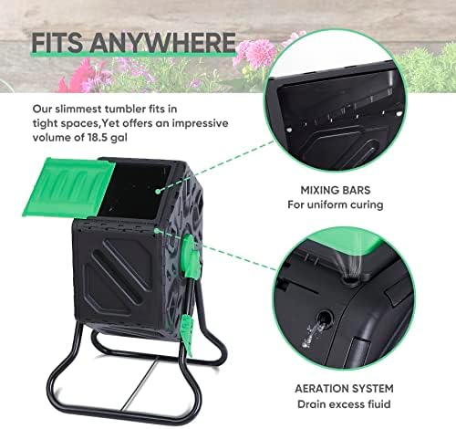 F2C 18.5 Gallon Compost Tumbler Compost Bin All-Season Outdoor BPA Free Single Rotating Chamber Composters w/ 2 Sliding Doors and Solid Steel Frame