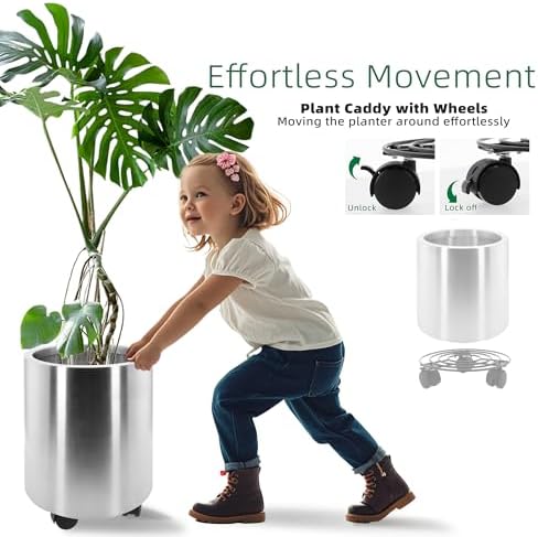 9.8 Inch Dia Round Planter, Modern Indoor Outdoor Large Stainless Steel Plant Pot and Plant Caddy with Wheels for Home Patio Garden, Easy to Clean and Move