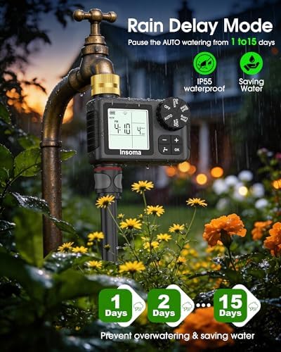Water Timer for Garden Hose with Brass Inlet & Outlet, 1 Outlet Sprinkler Timer with Auto/Manual/Rain Delay Mode, Large LCD Display, Easy Programming Hose Timers for Lawn Garden Yard Vacation Watering
