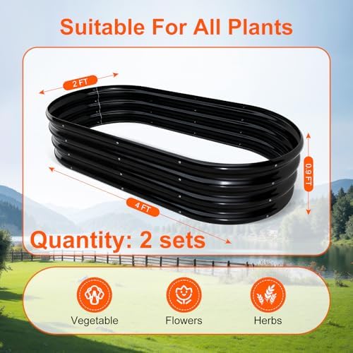 Rakukiri Raised Garden Bed Outdoor, GRS Certified Recycled Metal Planter Box 2 Sets, 4FT Galvanized Oval Herb Garden Kit, Bottomless Large Garden Beds for Vegetables Flowers, Rust-Resistant Black