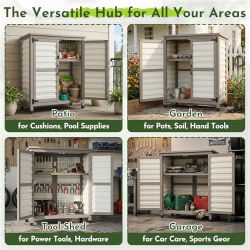 Small Outdoor Storage Cabinet with Shelf,White Wood & Plastic Storage Shed with Waterproof Roof for Backyard, Patio,Garage, Outside Cabinets for Gardening Tools