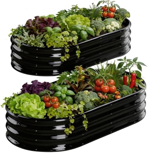 Rakukiri Raised Garden Bed Outdoor, GRS Certified Recycled Metal Planter Box 2 Sets, 4FT Galvanized Oval Herb Garden Kit, Bottomless Large Garden Beds for Vegetables Flowers, Rust-Resistant Black