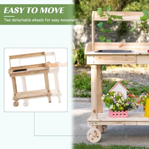 Outsunny 36" Wooden Potting Bench Work Table, 2 Detachable Wheels, Natural