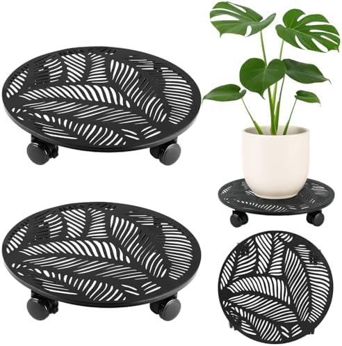 Planterhoma 2 Packs 10 Inch Rolling Plant Stand with Wheels Metal Plant Caddy with Wheels Heavy Duty Plant Rollers with Metal Wheels Round Wrought Iron Plant Stand with Tropical Leaf
