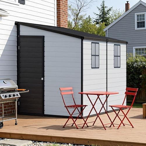 Jocisland 8 x 6 x 6 FT Resin Lean to Storage Shed with Floor, Slanted Roof, Lockable Door, 2 Windows, Outdoor Storage Shed for Backyard, Patio, Garden and Lawn