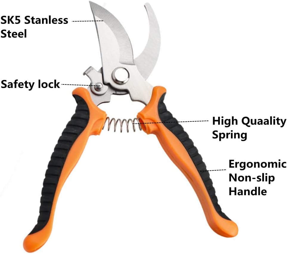 szhdxsy Garden Pruning Shears, 7.5" Professional Gardening Scissors, SK-5 Stainless Steel Blade Tree Secateurs, Manual Pruner for Plants, Gardening, Trimming, Garden Tools