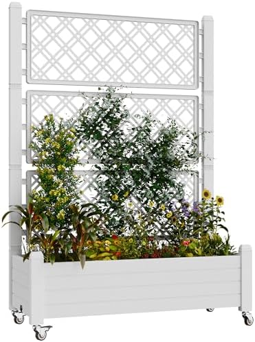 Resin Raised Garden Bed with Trellis and Wheels - Plasitc Planter Box with Trellis Outdoor with Drainage Holes & Water Monitor for Climbing Plants, Flower, Ashen(61.2" H)
