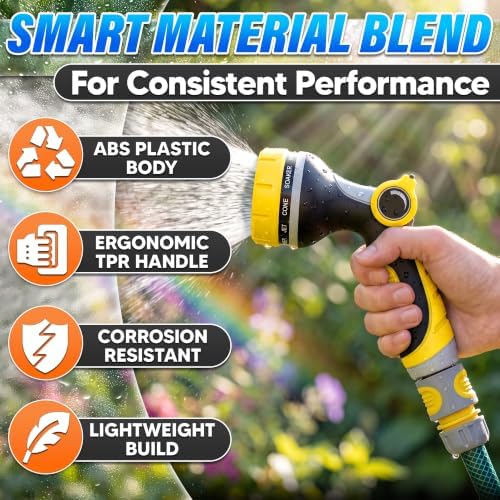 Garden Hose Nozzle, 10 Spray Patterns, Thumb Flow Control, Yellow