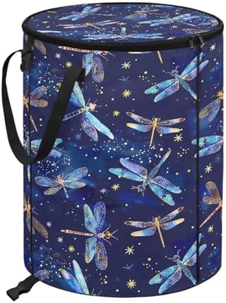 Blue Dragonflies Collapsible Outdoor Camping Trash Can Lawn Garden Leaf Bin Waster Bag with Lid and Handles 24 Gallon Large Capacity Foldable Yard Waster Bag