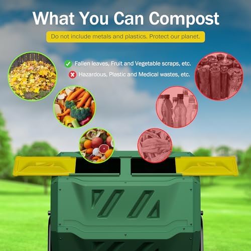 JupiterForce Outdoor Dual Chamber Compost Tumbler 43 Gallon Large Compost Bin Outdoor 360° Rotating Tumbling Composter with 2 Sliding Doors for Kitchen, Garden, and Yard Waste, Green (BPA Free)