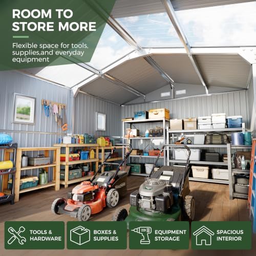 Outdoor Storage Shed 10x12 FT Reinforced Frame Metal Shed with Clear Roof, Air Vent & Lockable Door Large Garden Sheds for Backyard, Patio