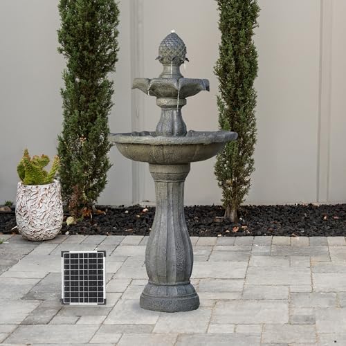 XBrand 44" Solar Powered 2-Tier Outdoor Water Fountain, Fiberglass Resin, with Solar Panel and Auto Shut-Off Pump, Brown