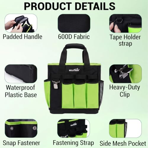 MELOTOUGH 12 Pockets Garden Tool Bag with Hard Bottom, Garden Caddy, Green