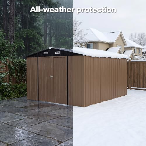 LAUSAINT HOME 10 x 12 FT Outdoor Storage Shed, Heavy Duty Galvanized Steel Storage Shed with Double Lockable Doors, Gable Roof & Air Vent for Backyard & Patio, Brown