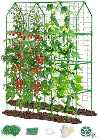 65" Cucumber Trellis for Climbing Plants Outdoor, Metal Garden Trellis for Raised Bed, Plant Support Structures with Netting for Cucumbers Tomatoes Beans Peas (50 * 17 * 65inch(L*W*H), Trellis)