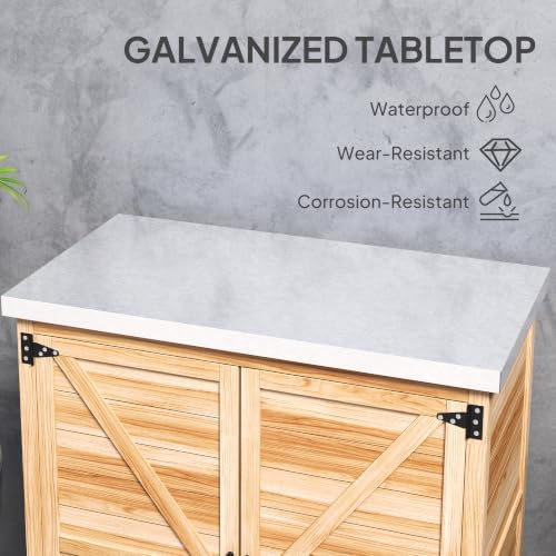 Outsunny Outdoor Storage Cabinet with Metal Tabletop Shelves Natural Wood