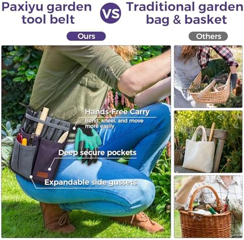 Garden Tool Belt for Women & Men, Slim Denim Garden Apron with 4 Pockets, Lightweight Adjustable Tool Pouch for Gardening, Florist, DIY & Craft, Purple