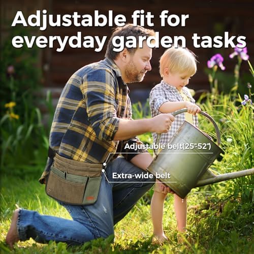 Garden Tool Belt for Women & Men, Wide Denim Garden Apron with 5 Pockets, Adjustable Utility Tool Pouch for Gardening, Florist, DIY & Craft, Green
