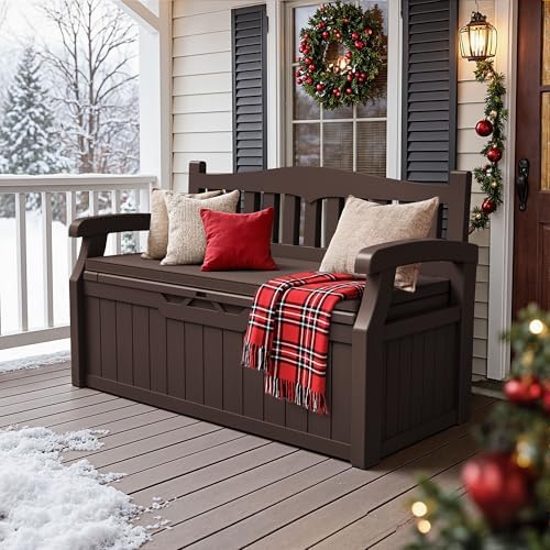 JUMMICO 80 Gallon Resin Outdoor Storage Bench with Cushion, Waterproof