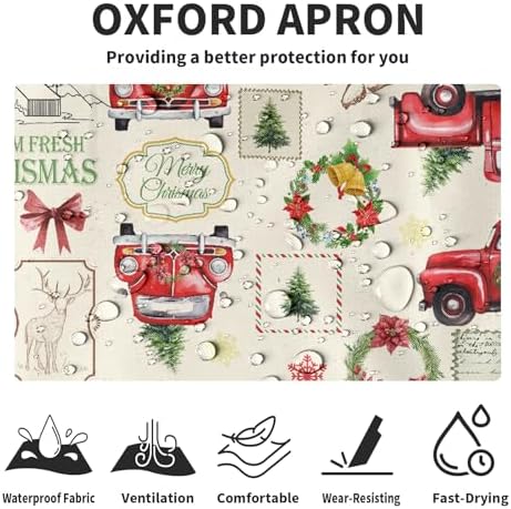 Christmas Trucks Kitchen Aprons Red Flower Aprons with Pockets & Adjustable Strap Xmas Tree Apron Waterproof Vintage Jingle Bell Aprons for Holiday Adults Baking Cooking