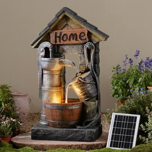 28.7" H Solar Outdoor Water Fountain,3-Tier Solar Powered Rustic Barrel Pump Water Fountain Cascading Waterfall Fountains Outside for Garden, Patio, Backyard, Porch/Two Placement Options