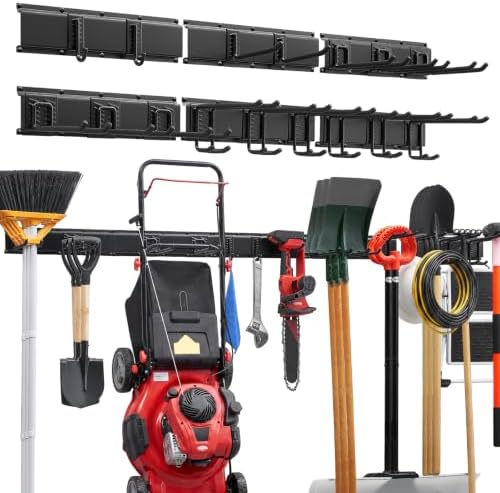 VEVOR Garage Tool Organizer 99 Inch 1200 lbs Wall Mount Garden Tool Rack, Heavy Duty Garage Hanging Storage Rack Organization with 6 Rails and 16 Adjustable Hooks, for Yard Tools, Shovel, Rake, Shed