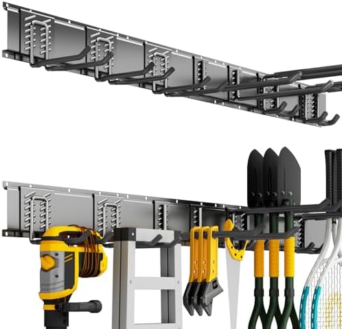 Garage Tool Organizer Wall Mount, 48 Inch Heavy Duty Garden Tool Organizer Storage System, Easy Install with 7 Adjustable Hooks, for Garage, Basement, Shed, Workshop, Black, Steel