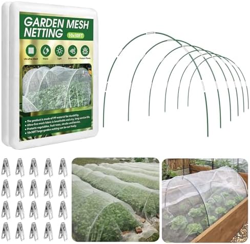 Garden Netting Kit for Raised Beds, 10x30FT Ultra Fine Mesh Netting＆ 6 Sets of 8FT Fiberglass Garden Hoops, Row Cover Insect Netting for Vegetable Plant Fruit Flowers Protection