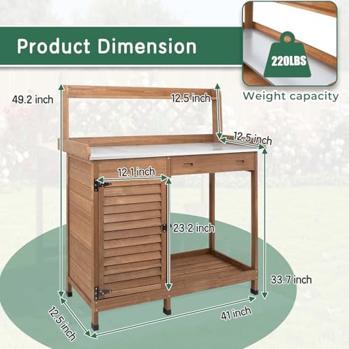 Potting Bench Table Work Bench with Storage Cabinet Outdoor Wooden Garden Workstation with Metal Tabletop/Drawer/Hooks/Open Shelf(41" LX 12.5" W X 49.2" H)