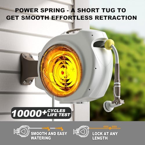 Retractable Garden Hose Reel, 1/2 in 100+6 ft, Heavy Duty Wall Mounted Water Hose Reel, Spring Power Automatic Rewind, Any Length Lock, 180° Swivel Bracket, 10 Pattern Spray Nozzle
