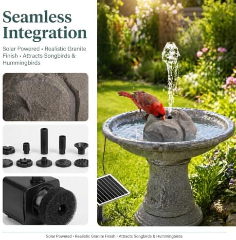 Solar Fountain for Bird Bath Outdoor Garden, Solar Powered Water Fountain Pump with 10 Nozzles, Resin Granite Rock Birdbath Bubbler for Small Pond, Hummingbird Bath, Patio Decor (Gray)