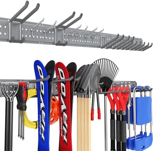 Garage Tool Organizer Wall Mount 66 inches with 13 Adjustable Heavy-Duty Hooks, Garage Organization, Garden Tool Storage Rack, Yard, and Shed, Holds Up to 520 lbs (Grey)
