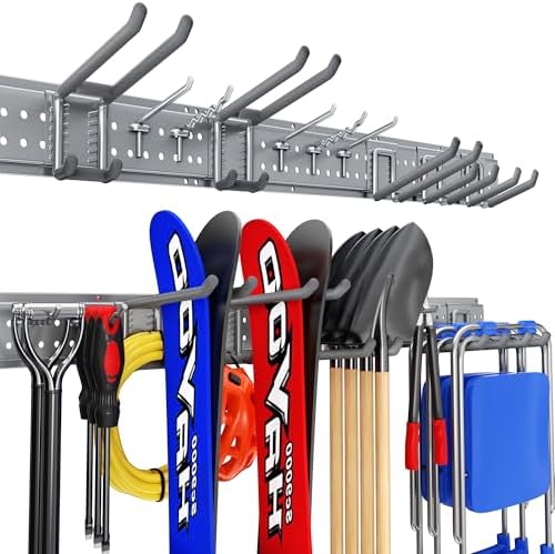 Garage Tool Organizer Wall Mount 49.5 inches with 10 Adjustable Heavy-Duty Hooks, Garage Organization, Garden Tool Storage Rack, Yard, and Shed, Holds Up to 400 lbs (Grey)