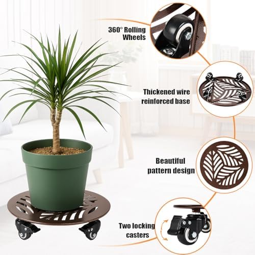 2-Pack Large Metal Plant Caddy with Wheels 13 Inches Heavy-duty Rolling Plant Stands with Casters Wheeled Flower Pot Mover Rollers Rust-proof Iron Planter Dolly Coasters for Indoor Outdoor Use