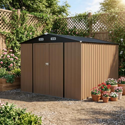 LAUSAINT HOME 10 x 12 FT Outdoor Storage Shed, Heavy Duty Galvanized Steel Storage Shed with Double Lockable Doors, Gable Roof & Air Vent for Backyard & Patio, Brown