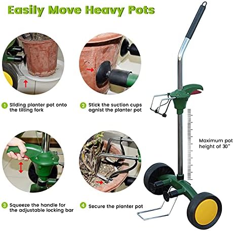 Heavy Duty Plant Dolly Caddy - Pot Mover for Garden w/ 165 lb Capacity, Flat-Free Wheels & Suction Cups | Adjustable Handle, Floor Protection