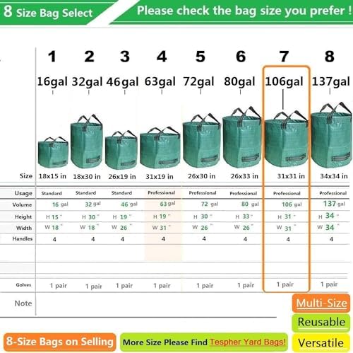 Professional 3-Pack 106 Gallon Large Lawn Garden Bags (D31,H31 inch) Reusable Big Yard Waste Bags with Gardening Gloves for Leaf Bag,Yard Debris,Garden Pruning,Lawn Clippings Bag,Weeds Bag 4 Handles