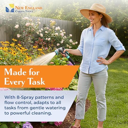 Water Sprayer Nozzle 500007, 8-Pattern Metal Water Nozzle w/Rear Trigger, High Pressure for Plant Watering, Car Cleaning & Heavy-Duty Tasks, Fits Outdoor Garden Hoses, by New England Garden Tools