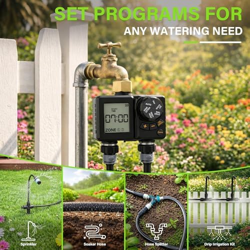 MIXC 2026-Thickened Soaker Hose 100Ft with Rechargeable 2-Zone Water Timer