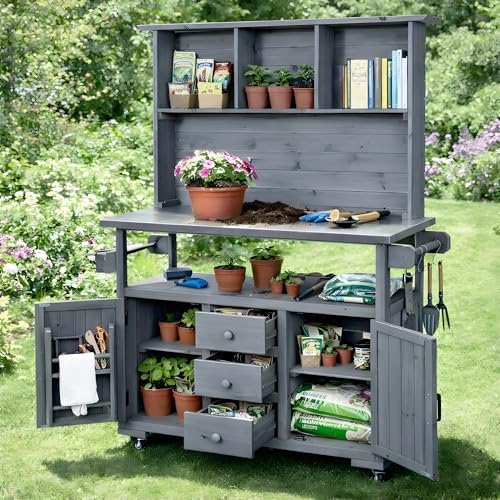 Merax 65''H Large Garden Storage Potting Bench with Lockable Wheels, Wood Outdoor Kitchen Island with Stainless Steel top, Drawers, Door Shelves and Hutch for Grilling, Gray
