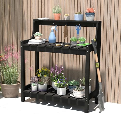 HDPE Outdoor Potting Bench, All-Weather Garden Potting Table with 3-Tier Storage Shelves, 43.3" Ergonomic Height Weatherproof Planting Workbench for Patio, Backyard and Garden, White (Black)