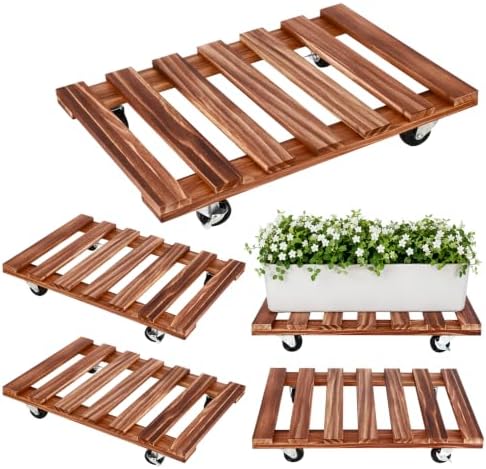 5 Pack Rectangular Plant Caddy with Wheels, 17.5 x 12 Inch Wooden Rolling Plant Stand, Mobile Plant Dolly for Large Heavy Pots, Indoor Outdoor Flower Pot Mover for Patio, Garden, Balcony