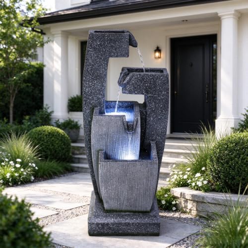 31.69" H Resin Water Fountain, Freestanding Tiered Waterfall Fountain