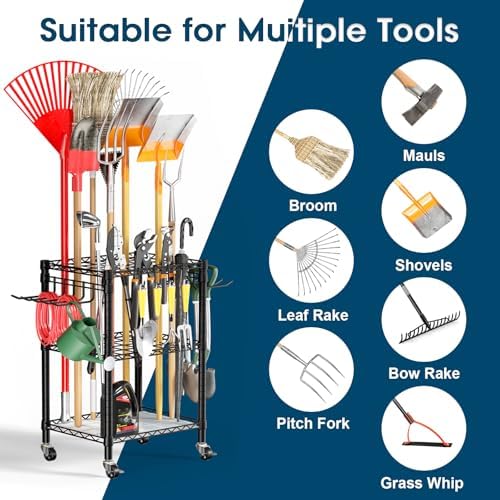 T1 Garden Tool Organizer（With Lockable Wheels）Heavy Duty Garage Tool Storage for Yard，Shed，Outdoor and Lawn，Freestanding Tool Organizers and Storage UP to 50 Tools，Black with Anti-Tip Device