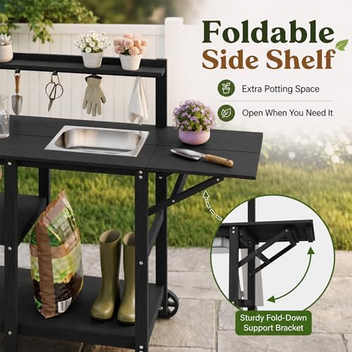 YEFU Potting Bench with Sink, All-Weather Resistant,Black