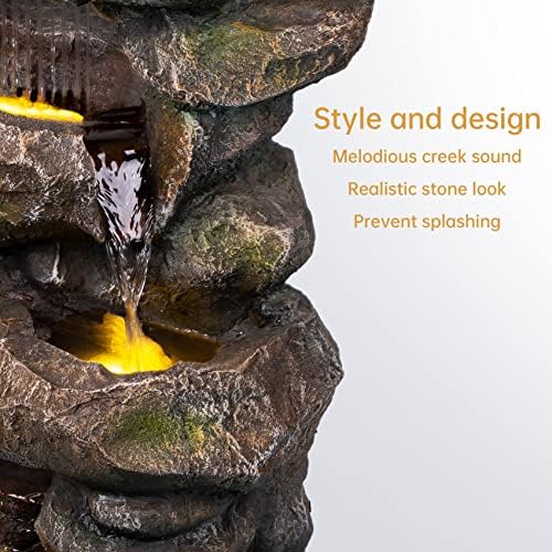 31.5” Outdoor Rock Waterfall Fountain – 5-Tier Rustic Cascading Water Feature with LED Lights | Relaxing Flow & Ambient Glow for Garden, Patio, Yard | Stylish Home Decor Idea