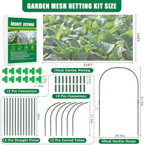 10 X 33 FT Garden Mesh Netting Kit Pest Barrier for Raised Beds with Hoops