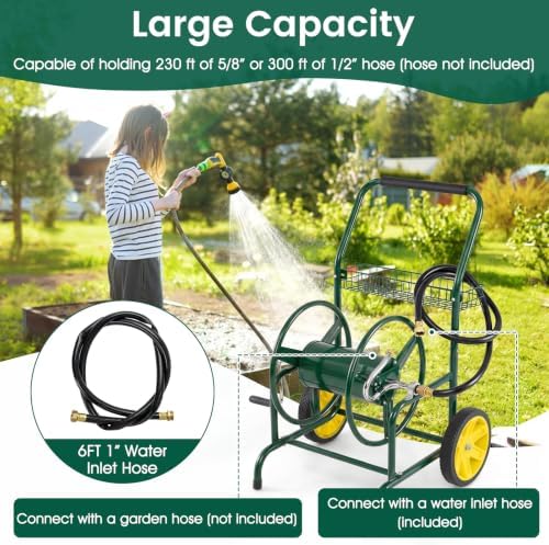 Goplus Garden Hose Reel Cart, 230ft 5/8" or 300ft 1/2" Heavy-Duty Metal Hose Cart w/ 2 Wheels, Storage Basket, Portable Water Hose Organizer for Yard Planting Lawn