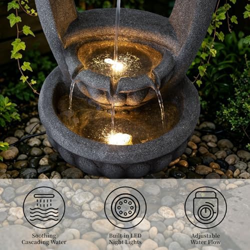 31.1" H Lion Head Fountain, 3-Tier Outdoor Water Fountain with LED Light