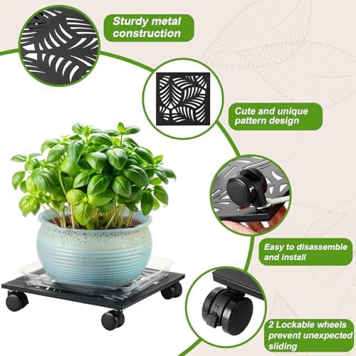 1 Pack 12" Metal Square Plant Caddy with Wheels Large Iron Rolling Plant Stand with Casters Heavy-Duty Plant Dolly Coaster Plant Pot Mover Roller Base for Indoor Outdoor, Black